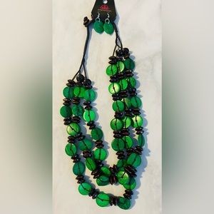 Green and brown wood beaded jewelry set